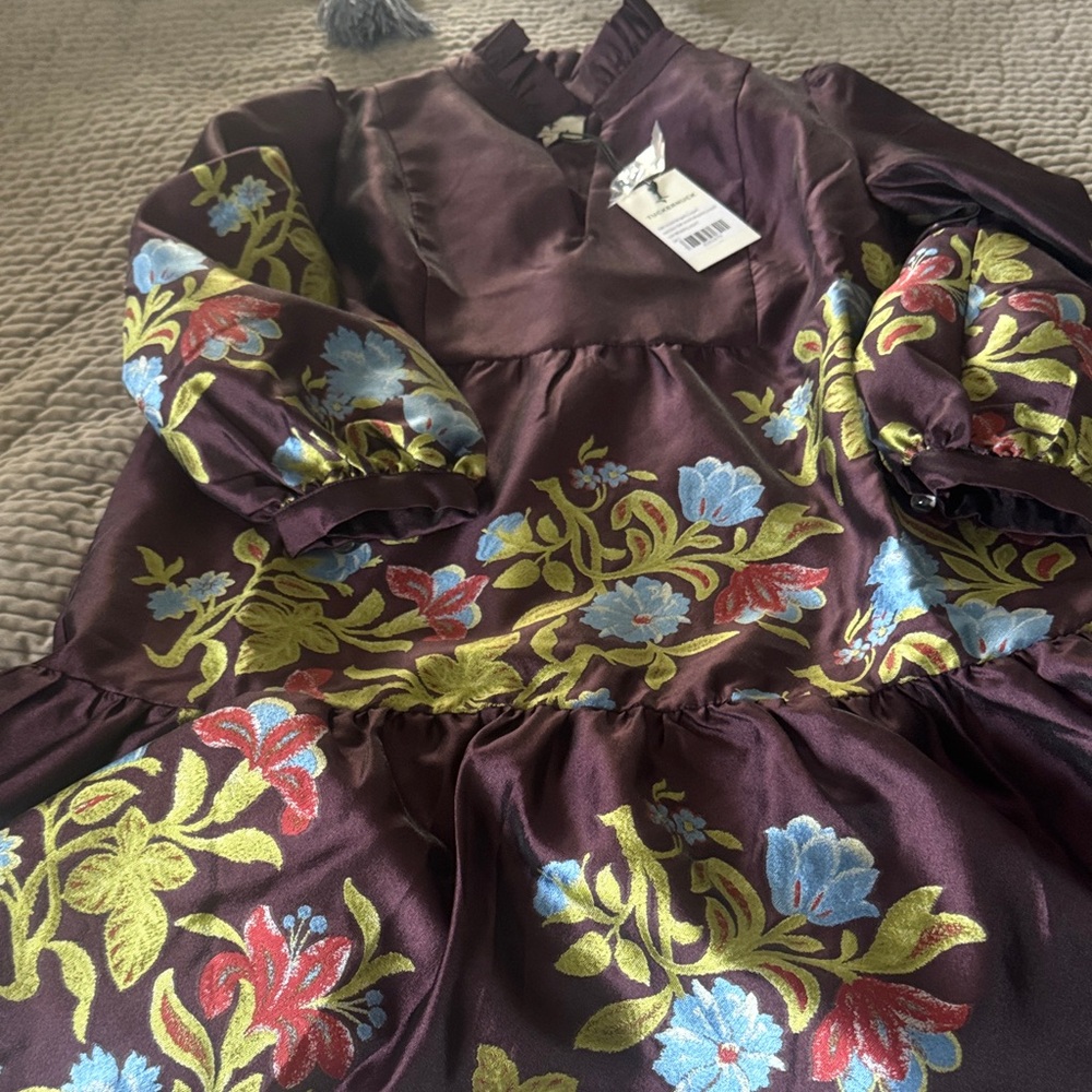 Tuckernuck Plum Satin Ruffled Neck Dress. Small. New.